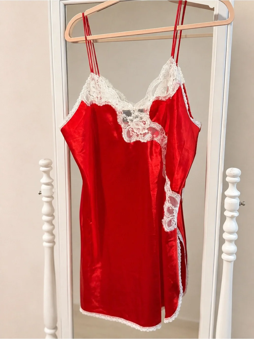 Vintage Undercover Wear Red Satin Lace Slip Nightgown Size Large